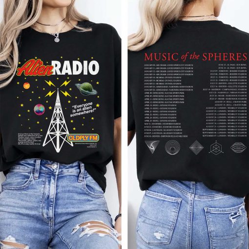 coldplay music of the spheres tour unisex t shirt 2025 alien radio artwork cities dates concert tee 3