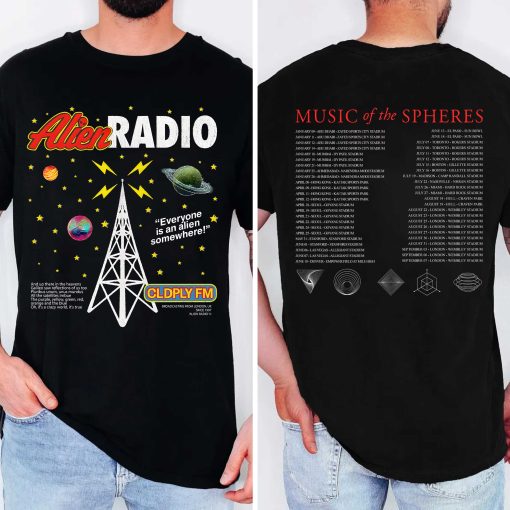 coldplay music of the spheres tour unisex t shirt 2025 alien radio artwork cities dates concert tee 4