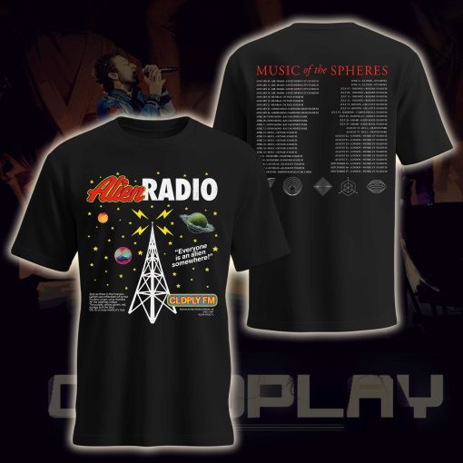 coldplay music of the spheres tour unisex t shirt 2025 alien radio artwork cities dates concert tee