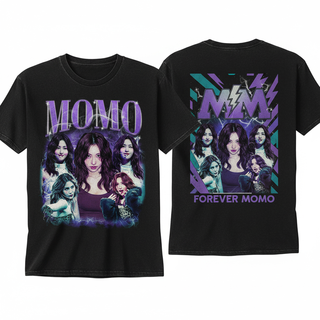 Vintage K Pop Momo Graphic T Shirt Twice Idol Fan Apparel Black Tee - Thundermerch.com